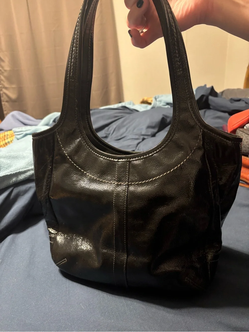Coach Black Leather Tote with Multicolor Striped Lining